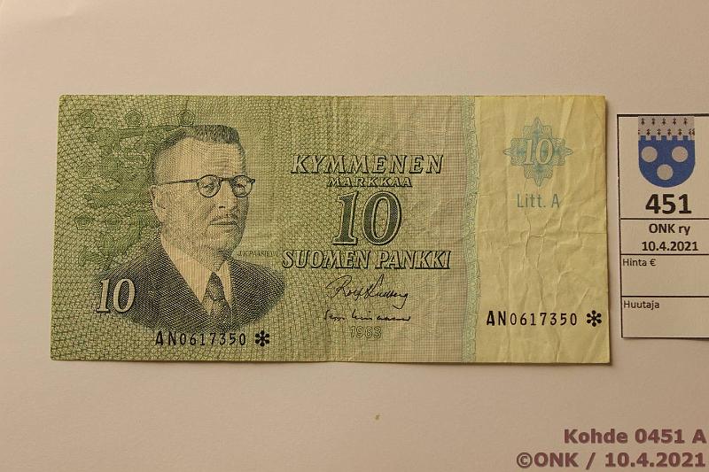 k-0451-a.jpg - Kohde 451, lhthinta: 3 € / ei tarjouksia 10 mk 1963 LA N* SNY 146.7 AN0617350 KU I-Lin, korvaava, kunto: 3