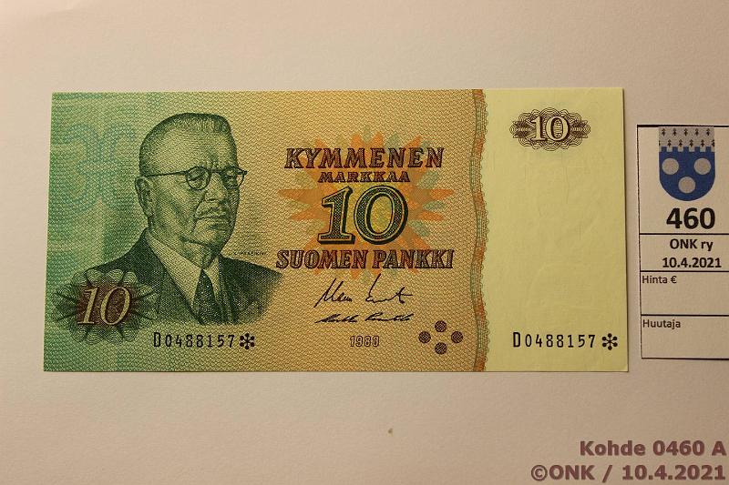 k-0460-a.jpg - Kohde 460, lhthinta: 5 € / myyntihinta: 5 € 10 mk 1980 D* SNY 147.2 D0488157* KO II-Pu1, painaumia, korvaava, kunto: 8