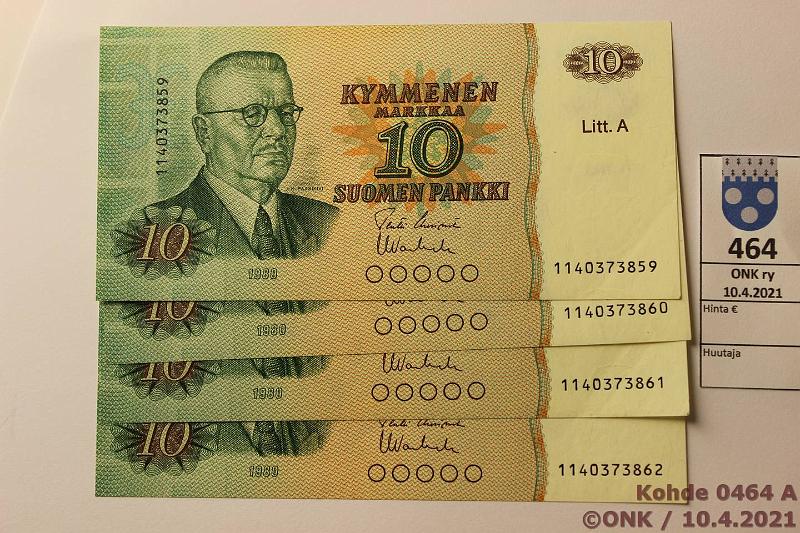 k-0464-a.jpg - Kohde 464, lhthinta: 10 € / myyntihinta: 10 € 10 mk 1980 LA (4) SNY 147.4 1140373859-62 UUS-Va1, perkkiset, kunto: 7-9