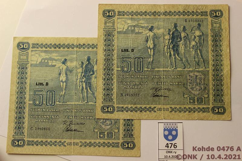 k-0476-a.jpg - Kohde 476, lhthinta: 25 € / myyntihinta: 26 € 50 mk 1939 LD (2) SNY 168.1 B495..JUT-Wah rep, C299..KIV-Wah, molemmissa vl 1, kunto: 3, 5