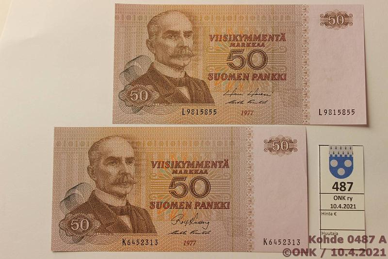 k-0487-a.jpg - Kohde 487 (kuva 1/2), lhthinta: 40 € / myyntihinta: 40 € 50 mk 1977 (2) SNY 171.1 K..KU I-Pu1, L..HOL-Pu1, kunto: 9