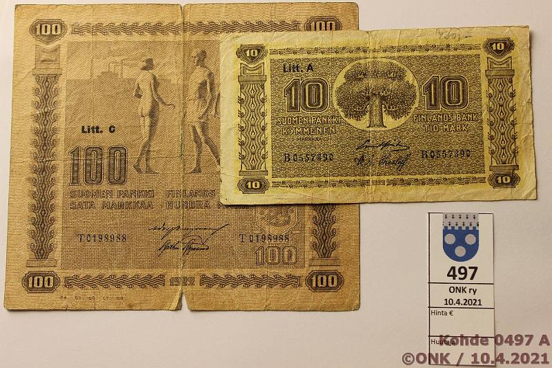 k-0497-a.jpg - Kohde 497, lhthinta: 10 € / ei tarjouksia 100 + 10 mk 1922 SNY 178.5, 143.2, 100mk LC T019..BUR-AAs, lhes poikki; 10mk LA B055..GR-The, kunto: 3