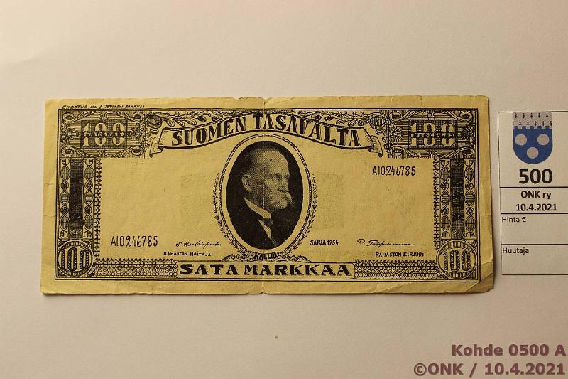 k-0500-a.jpg - Kohde 500 (kuva 1/2), lhthinta: 10 € / myyntihinta: 21 € 100 mk 1954 Ehdotelma rahaksi (Amerikan suomalainen tekij), Kuva-aihe Kysti Kallio, km: Ehdotus no. 1 Suomen rahaksi. Kntpuolella Hmeen Linna ja km: Ehdotus Suomen rahaksi. Tt ei voi kytt rahana. Repemi. Aiheesta artikkeli Numismaatikko 3/85, kunto: 5