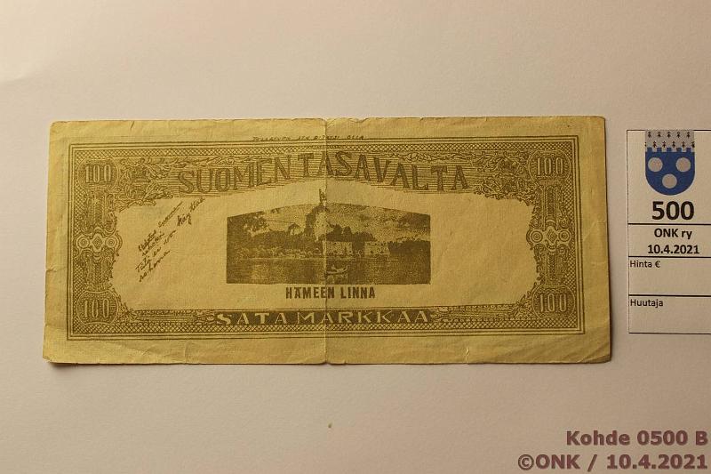 k-0500-b.jpg - Kohde 500 (kuva 2/2), lhthinta: 10 € / myyntihinta: 21 € 100 mk 1954 Ehdotelma rahaksi (Amerikan suomalainen tekij), Kuva-aihe Kysti Kallio, km: Ehdotus no. 1 Suomen rahaksi. Kntpuolella Hmeen Linna ja km: Ehdotus Suomen rahaksi. Tt ei voi kytt rahana. Repemi. Aiheesta artikkeli Numismaatikko 3/85, kunto: 5