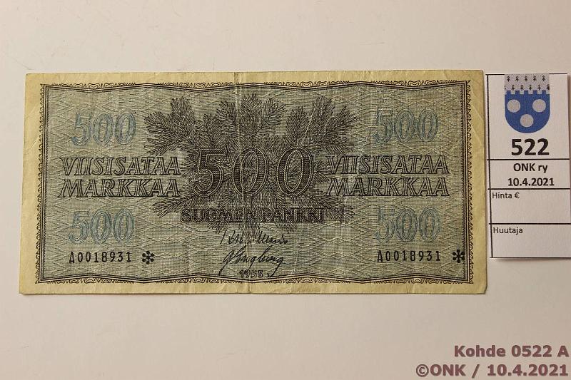 k-0522-a.jpg - Kohde 522 (kuva 1/2), lhthinta: 150 € / ei tarjouksia 500 mk 1955 A* SNY 191.2 A0018931* WAR-Eng, rep, pehme, korvaava, kunto: 3