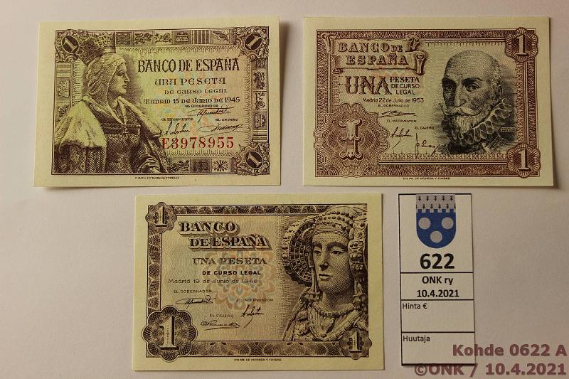 k-0622-a.jpg - Kohde 622, lhthinta: 25 € / ei tarjouksia Espanja 1 pta (3) 1945-53 P#128, 135, 144, kunto: 9