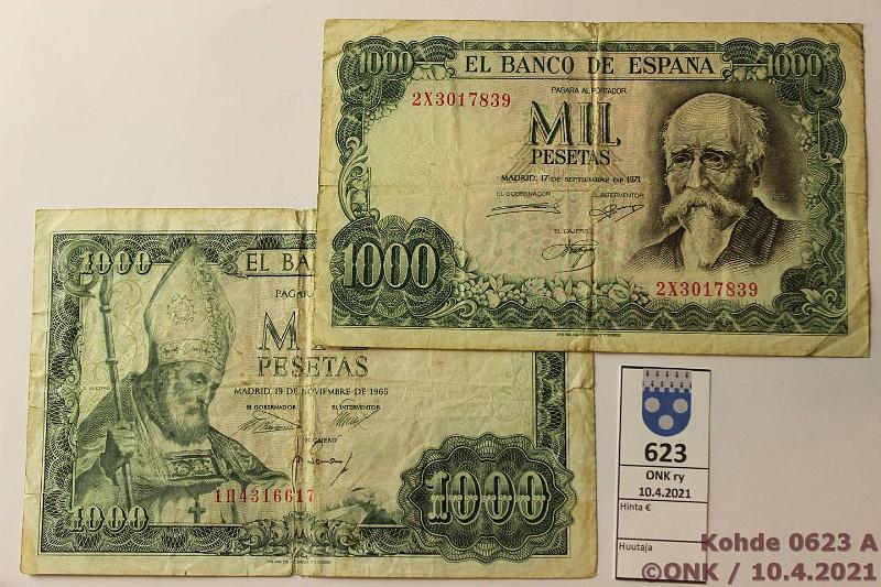 k-0623-a.jpg - Kohde 623, lhthinta: 5 € / myyntihinta: 8 € Espanja 1000 ptas (2) 1965, -71 P#151, 154 Vikoja, kunto: 3