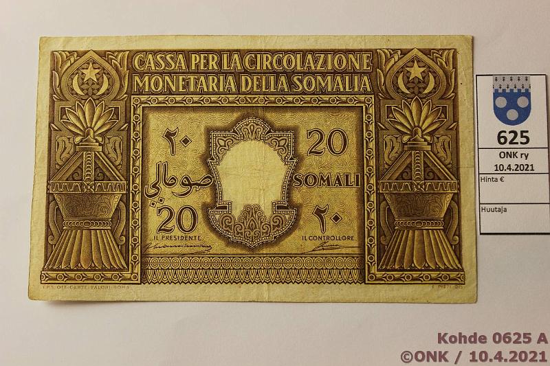 k-0625-a.jpg - Kohde 625 (kuva 1/2), lhthinta: 225 € / ei tarjouksia Italian Somalimaa 20 somali 1950 P#14 A020 082785, kunto: 5