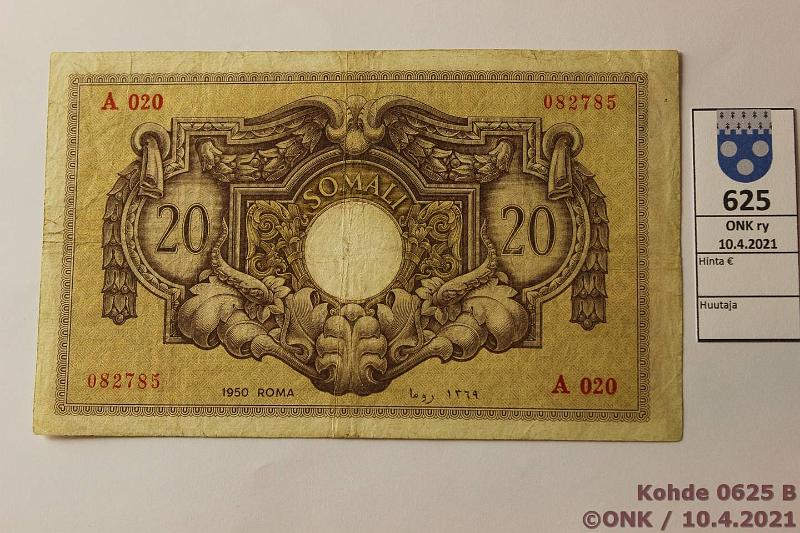 k-0625-b.jpg - Kohde 625 (kuva 2/2), lhthinta: 225 € / ei tarjouksia Italian Somalimaa 20 somali 1950 P#14 A020 082785, kunto: 5