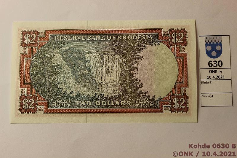 k-0630-b.jpg - Kohde 630 (kuva 2/2), lhthinta: 50 € / myyntihinta: 52 € Rhodesia 2 $ 1977 P#35c K/142 298833, pari painaumaa, kunto: 9