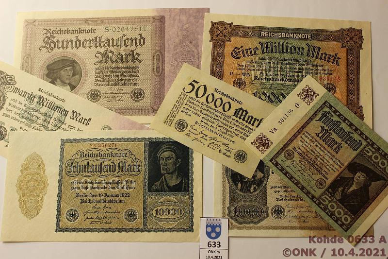 k-0633-a.jpg - Kohde 633, lhthinta: 25 € / myyntihinta: 25 € Saksa 1000 mk - 20 milj.mk (7) 1922-23 P#72,81a,82a,83a,86a,97b,99 1000, 5000 ja 10 000mk 1922; 50 000mk, 100 000mk, 1 milj mk, 20 milj mk 1923. Taittamattomia, kunto: 7-9