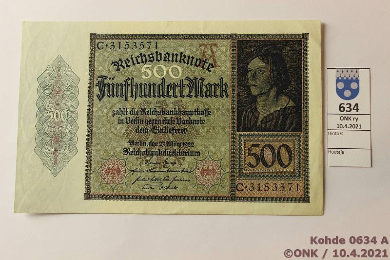 k-0634-a.jpg - Kohde 634 (kuva 1/2), lhthinta: 25 € / ei tarjouksia Saksa 500 mk 1922 P#73 C3153571, kahdessa kulmassa nurkkataitteet, kunto: 8