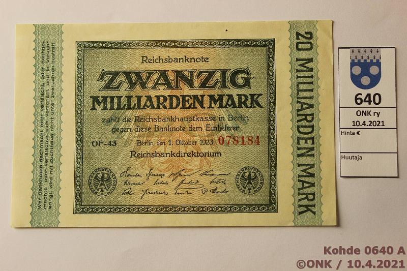 k-0640-a.jpg - Kohde 640, lhthinta: 20 € / ei tarjouksia Saksa 20 mrd mk 1923 P#118a 078184, painumia, kunto: 8