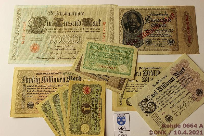 k-0664-a.jpg - Kohde 664, lhthinta: 5 € / myyntihinta: 5 € Saksa 50 rpf - 1 mrd mk (12) 1910-23 5rpf; 1rmk; 1mk 1920(5, hyvi); 1000mk-10; 2 milj mk; 10 milj ml; 50 milj mk-23; 1 miljardi mk-22, kunto: 1-8