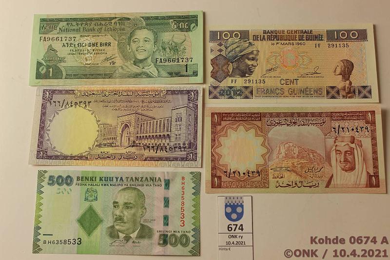 k-0674-a.jpg - Kohde 674, lhthinta: 5 € / myyntihinta: 5 € Er (5) 1968-2010 Etiopia 1 birr 1991; Guinea 100 franc -85; Saudi-Arabia -68, -77; Tansania 500 shillings 2010, kunto: 8-9