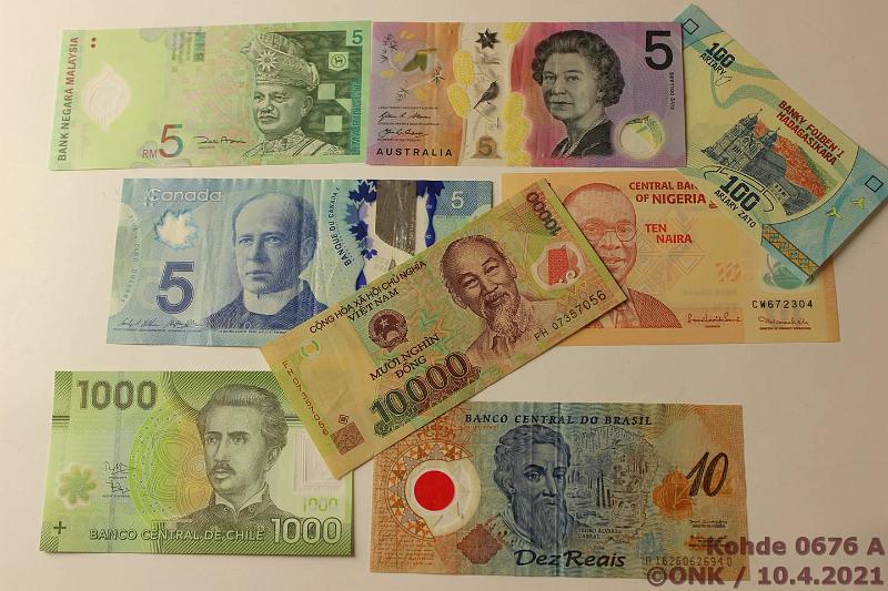 k-0676-a.jpg - Kohde 676, lhthinta: 10 € / myyntihinta: 12 € Er polymeeriseteleit (8) 2001-17 Australia 5 $ 2016; Brasilia 10 reals 2001; Chile 1000 pesos 2016(kl 10); Kanada 5 $ 2013; Madagaskar 100 ariary 2017(kl 10); Malesia 5 rm 2004 (kl 10); Nigeria 10 naira 2011 (kl 10); Vietnam 10000 dong ND (2006-2019), kunto: 4-10