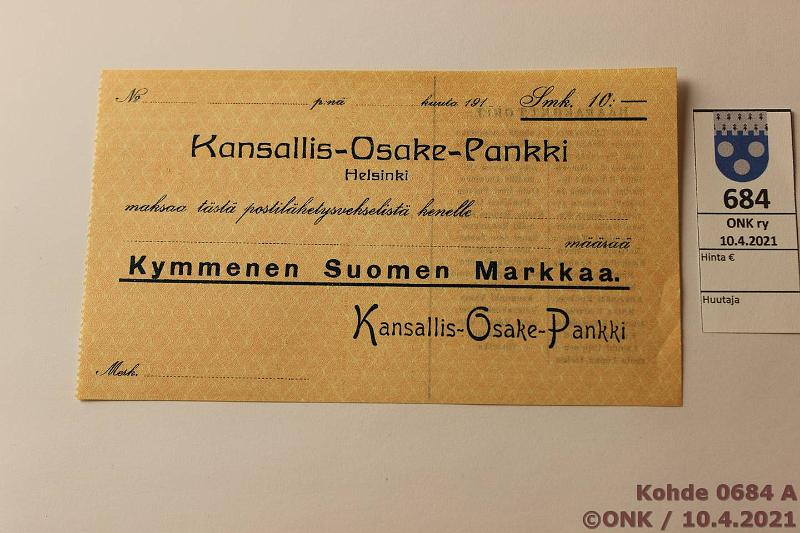 k-0684-a.jpg - Kohde 684, lhthinta: 5 € / myyntihinta: 6 € 10 mk 1918 KOP Helsinki, kyttmtn, kunto: 9