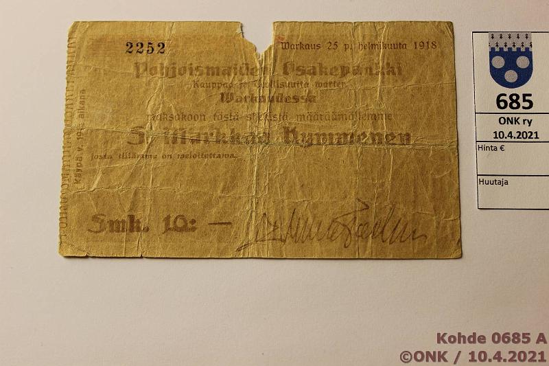 k-0685-a.jpg - Kohde 685 (kuva 1/2), lhthinta: 10 € / myyntihinta: 10 € 5 mk 1918 Pohjoismaiden Osakepankki, Warkaus, 2252, puutteita, kunto: 1