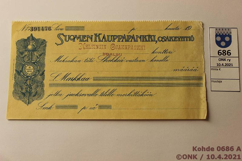 k-0686-a.jpg - Kohde 686, lhthinta: 5 € / myyntihinta: 5 € Avoin sekki 1918 Suomen Kauppapankki OY, leima: Helsingin Osakepankki Iisalmi, n:o 391476, oik reuna kulunut, kyttmtn, kunto: 7