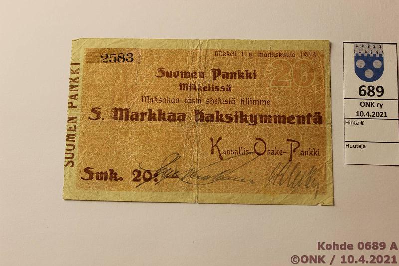 k-0689-a.jpg - Kohde 689, lhthinta: 10 € / myyntihinta: 10 € 20 mk 1918 Suomen Pankki, Mikkeli 2583, allekirjoituksin, rep, kunto: 3