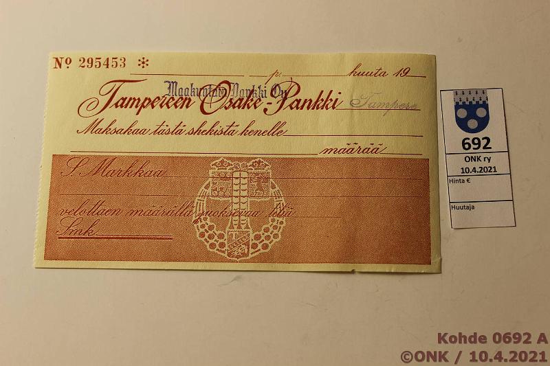 k-0692-a.jpg - Kohde 692, lhthinta: 10 € / ei tarjouksia Avoin sekki 1918 Tampereen Osakepankki, Maakuntain Pankki n:o 295453*, eprep, kyttmtn, kunto: 8