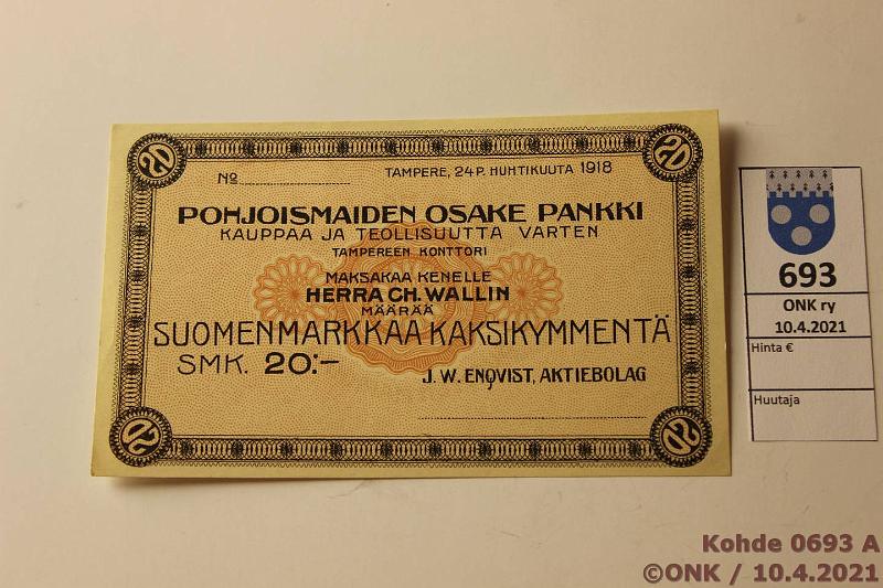 k-0693-a.jpg - Kohde 693, lhthinta: 10 € / myyntihinta: 10 € 20 mk 1918 Pohjoismaiden Osakepankki, Tampereen konttori. CH Wallinille Aktiebolag J.W Enqvistiolt, kyttmtn, kunto: 9