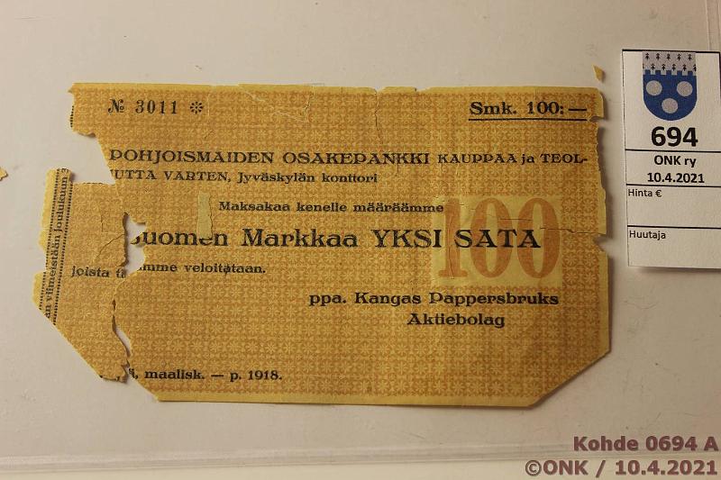 k-0694-a.jpg - Kohde 694 (kuva 1/2), lhthinta: 50 € / ei tarjouksia 100 mk 1918 Pohjoismaiden Osakepankki, Jyvskyln konttori n:o 3011. Ppa. Kangas Peppersbrukille. Koottu palasista teipill, puutteita, kunto: 1