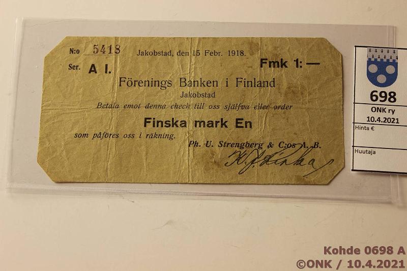 k-0698-a.jpg - Kohde 698 (kuva 1/2), lhthinta: 30 € / myyntihinta: 30 € 1 mk 1918 Frenings Banken i Finland, n:o 5418, Jacobstad. Ph. U Strengberg & C:oslle. Tahroja, kahdeksakulmainen, allekirjoituksin, kunto: 3