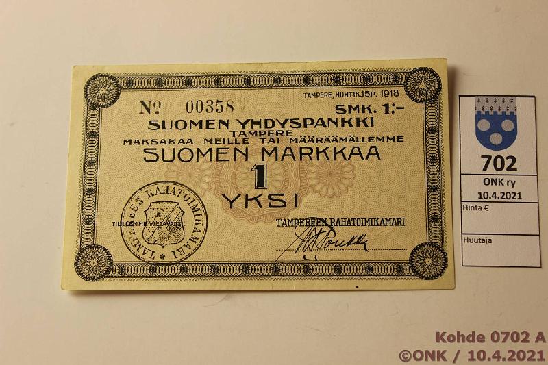 k-0702-a.jpg - Kohde 702, lhthinta: 10 € / myyntihinta: 10 € 1 mk 1918 SYP n:o 00358, Tampereen Rahatoimikamari, leimattu, allekirjoituksin, kunto: 9