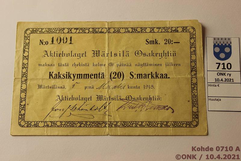 k-0710-a.jpg - Kohde 710 (kuva 1/2), lhthinta: 200 € / myyntihinta: 200 € 20 mk 1918 Aktiebolag Wrtsil n:o 1001, allekirjoituksin. Reik, rep, kunto: 3