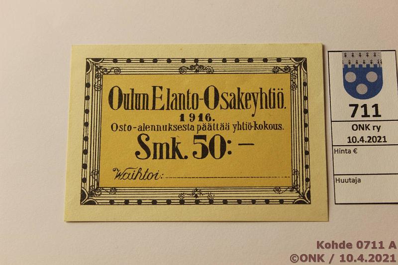 k-0711-a.jpg - Kohde 711, lhthinta: 15 € / ei tarjouksia 50 mk 1916 Oulun Elanto-Osakeyhti, kunto: 3