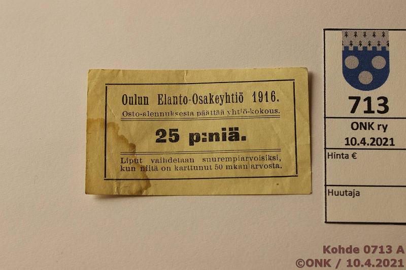 k-0713-a.jpg - Kohde 713, lhthinta: 15 € / ei tarjouksia 25 p 1916 Oulun Elanto-Osakeyhti, tahra, eprep, kunto: 5