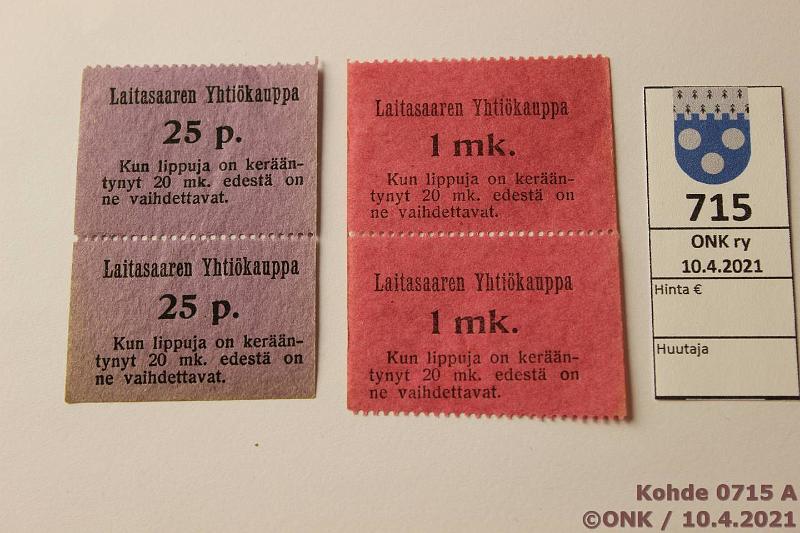 k-0715-a.jpg - Kohde 715, lhthinta: 10 € / ei tarjouksia 25 p - 1 mk (4) Laitasaaren Yhtikauppa, 25p ja 1mk pystyparit, kunto: 8-9