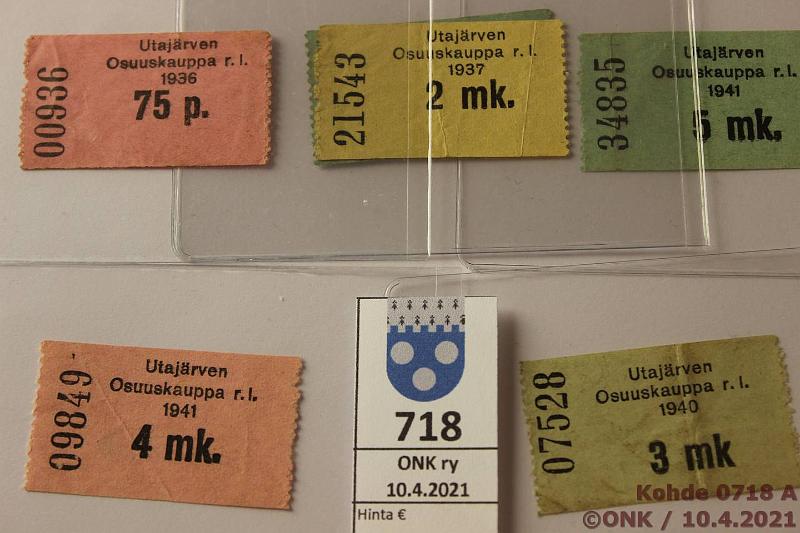 k-0718-a.jpg - Kohde 718, lhthinta: 10 € / ei tarjouksia 75 p - 5 mk (6) 1936-41 Utajrven Osuuskauppa rl, 75p 1936, 1mk, 2mk-37, 3mk-40, 4mk-41, 5mk-41, kunto: 3-5