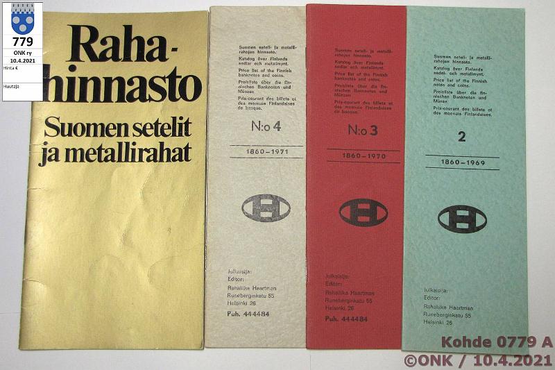 k-0779-a.jpg - Kohde 779, lhthinta: 5 € / myyntihinta: 5 € Rahaliike Haartman / Sstpankki 1969-75 (4) Haartman: Suomen seteli- ja metallirahojen hinnasto n:o 2 (merkintj), 3 ja 4; SP: Rahahinnasto - Suomen setelit ja metallirahat (1975), kunto: 6-8