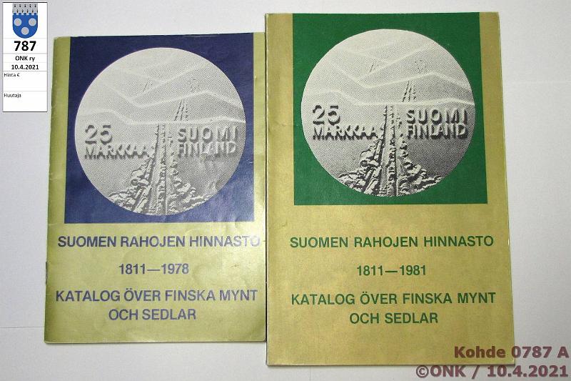 k-0787-a.jpg - Kohde 787, lhthinta: 5 € / myyntihinta: 6 € Suomen Postimerkkeily Oy / Oy Finncanastor Ab 1977, -81 Suomen rahojen hinnasto 1811-1978 + 1811-1981, vanhemmassa hitusen merkintj, kunto: 6, 8