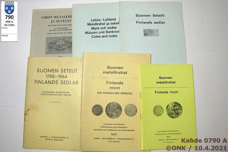 k-0790-a.jpg - Kohde 790, lhthinta: 5 € / myyntihinta: 5 € Thure R. Holmasto 1964-75 (6) Suomen metallirahat 1971, -75; Suomen setelit 1964, -69; Latvian metallirahat ja setelit 1969; Viron metallirahat ja setelit (1969). Hieman merkintj., kunto: 6-8