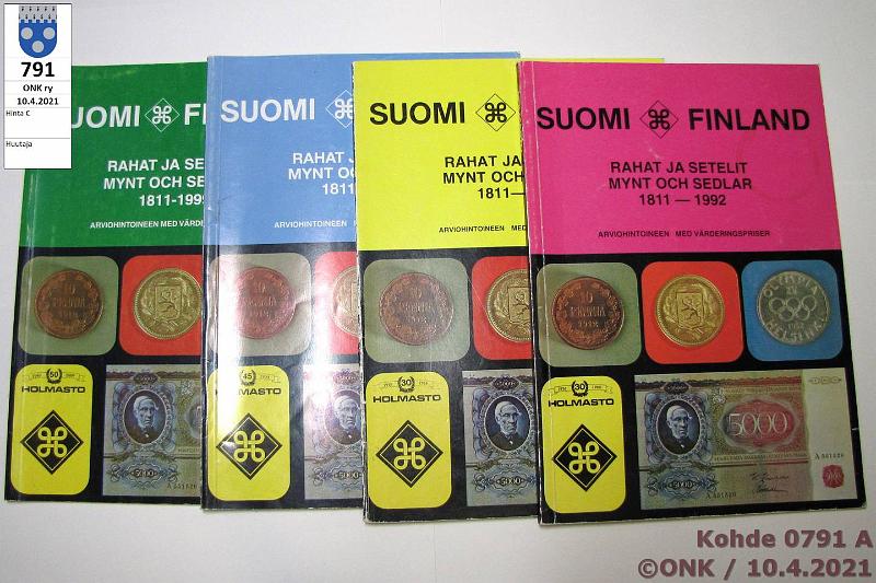 k-0791-a.jpg - Kohde 791, lhthinta: 5 € / myyntihinta: 5 € Holmasto 1989-99 (4) Suomi Finland - Rahat ja setelit arviohintoineen 1811-1989 (merkintj), -1992, -1996, - 1999, siistej, kunto: 6-9