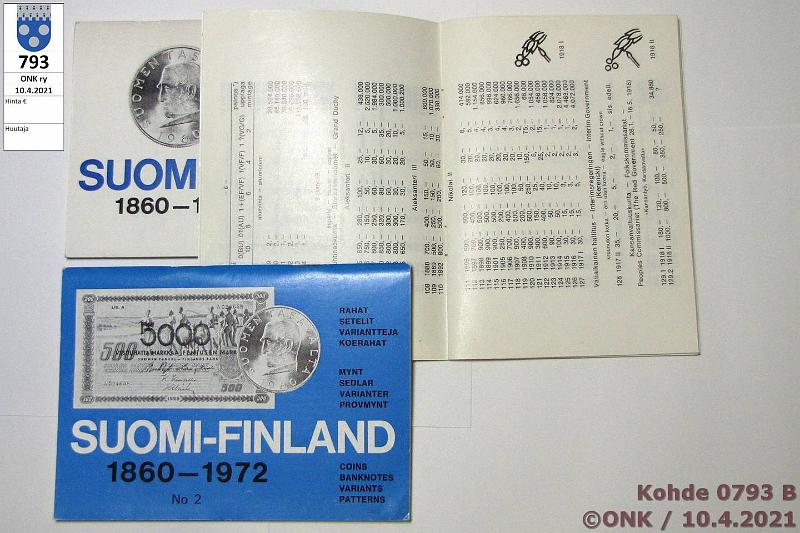 k-0793-b.jpg - Kohde 793 (kuva 2/2), lhthinta: 5 € / myyntihinta: 6 € Erkki Borg 1971-74 (3) Suomi-Finland - Rahat, setelit, variantteja, koerahat -luettelot 1860-1971 (1), 2 ja 3. Siistej., kunto: 7-9