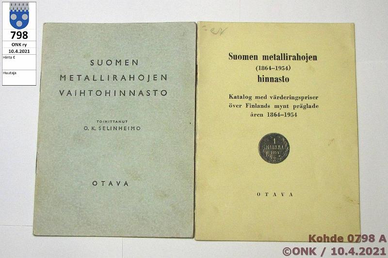 k-0798-a.jpg - Kohde 798, lhthinta: 5 € / myyntihinta: 5 € O. K. Selinheimo 1947, -54 Suomen metallirahojen vaihtohinnasto ja Suomen metallirahojen hinnasto 1864-1954, kunto: 6, 7