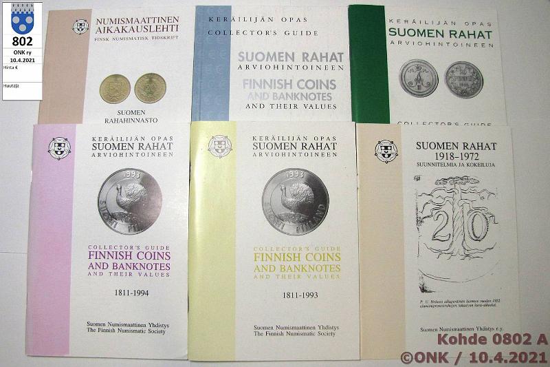 k-0802-a.jpg - Kohde 802, lhthinta: 5 € / myyntihinta: 5 € Suomen Numismaattinen Yhdistys ry 1993-2005 (6) Suomen rahat 1918-1972 - Suunnitelmia ja kokeiluja; Kerilijn opas 1993, -94 ja -98 + 8. ja 9. painos. Hyvkuntoisia!, kunto: 8-10