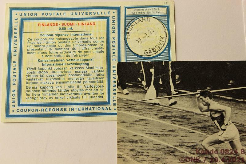 k-0824-b.jpg - Kohde 824 (kuva 2/2), lhthinta: 5 € / ei tarjouksia Valokuva ym. 1964 Pauli Nevala Olympialaisissa 1964. Union Postale vaihtokuponkin1971, kunto: 8