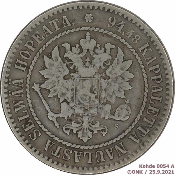 k-0054-a.jpg - Kohde 54 (kuva 1/3), lhthinta: 80 € / myyntihinta: 82 € 1 mk 1864 Ag, SNY 397.1, vanhempi syrjrihlaus, eprv, kunto: 4