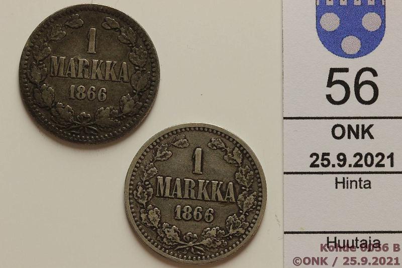 k-0056-b.jpg - Kohde 56 (kuva 2/2), lhthinta: 10 € / myyntihinta: 11 € 1 mk 1866 (2) Ag, SNY 399.2.2, toisessa 6 vinossa ja sen alla metallia?, kunto: 3, 4