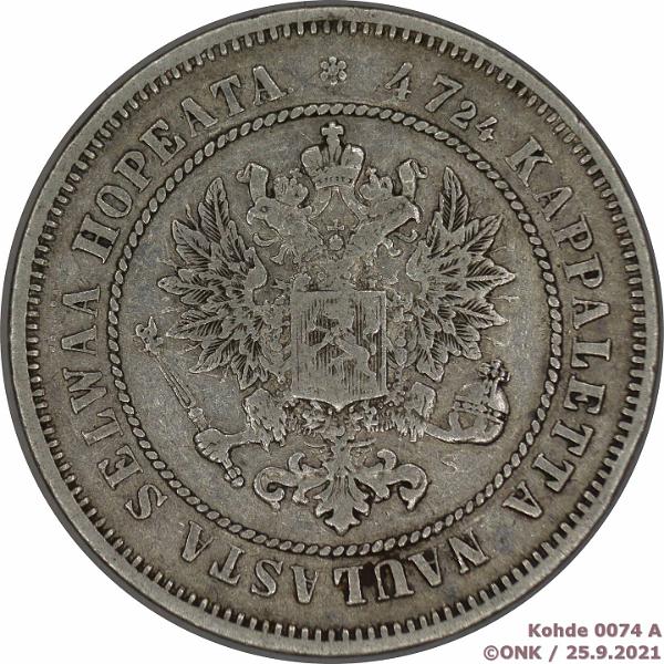 k-0074-a.jpg - Kohde 74 (kuva 1/2), lhthinta: 10 € / myyntihinta: 13 € 2 mk 1872 Ag, hnja, prv, kunto: 4