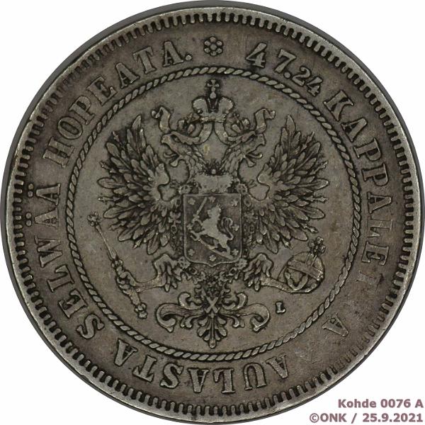 k-0076-a.jpg - Kohde 76 (kuva 1/2), lhthinta: 12 € / myyntihinta: 13 € 2 mk 1906 Ag, SNY 500.1, rvja, pitk kauttaviiva, kunto: 4