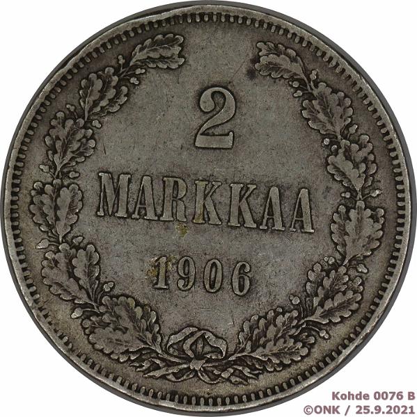 k-0076-b.jpg - Kohde 76 (kuva 2/2), lhthinta: 12 € / myyntihinta: 13 € 2 mk 1906 Ag, SNY 500.1, rvja, pitk kauttaviiva, kunto: 4