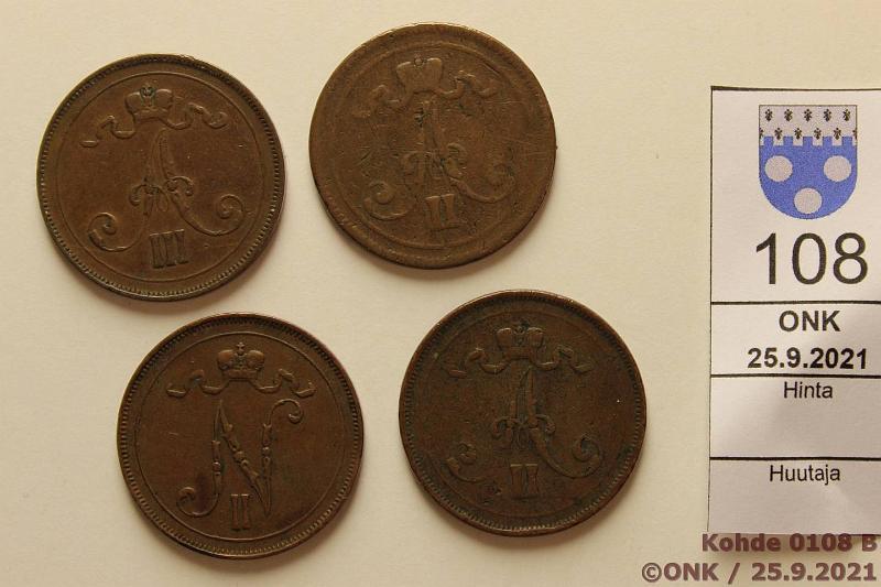 k-0108-b.jpg - Kohde 108 (kuva 2/2), lhthinta: 5 € / myyntihinta: 6 € 10 p 1865-1917 (4) Cu, 1865, -76, -91, 1917I, kunto: 2-4