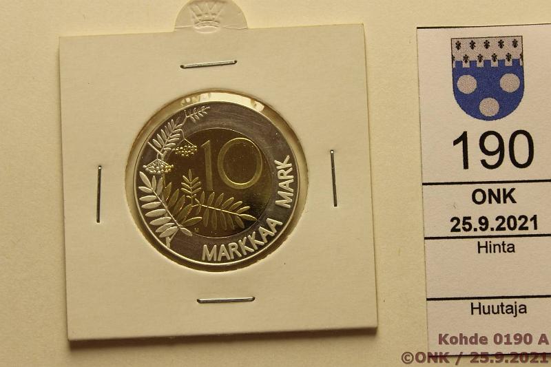 k-0190-a.jpg - Kohde 190 (kuva 1/2), lhthinta: 700 € / myyntihinta: 700 € 10 mk 1995 Au 585/Ag 925, 13,2g, Proof, EU joutsen, kehyksess, kunto: 10