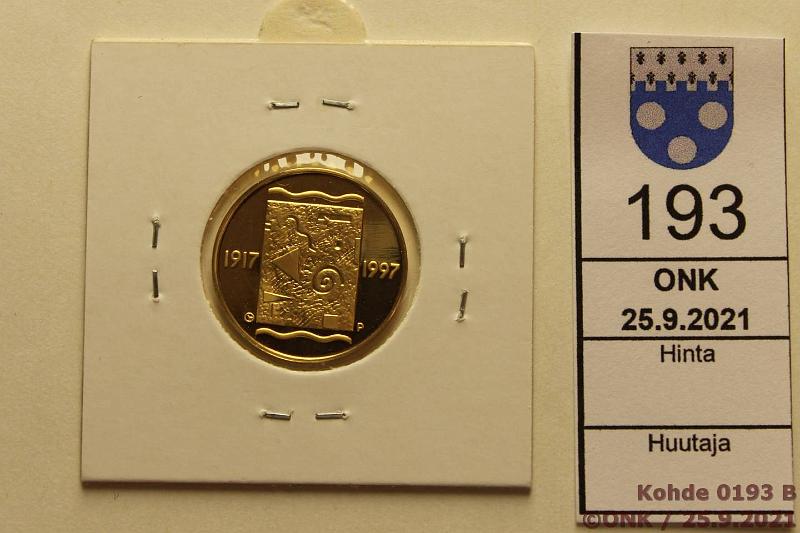 k-0193-b.jpg - Kohde 193 (kuva 2/2), lhthinta: 280 € / myyntihinta: 365 € 1000 mk 1997 Au, Proof, 8,64g/900, Itsenisyys 80 v, kehyksess, kunto: 10